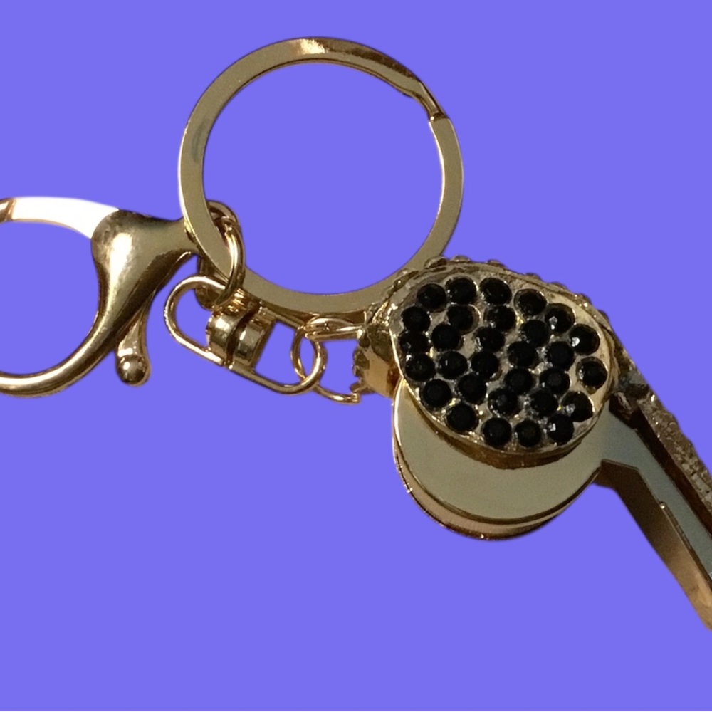 Gold-tone Whistle Keychain Charm with Black and Clear Crystal Accents. NEW!